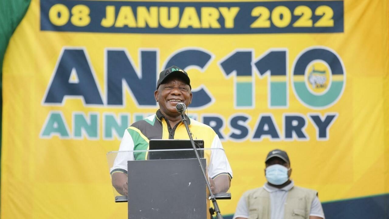 South Africa&rsquo;s President and African National Congress (ANC) party&rsquo;s President Cyril Ramaphosa speaks during the ANC&rsquo;s 110th anniversary celebrations at the Old Peter Mokaba Stadium in Polokwane, on January 8, 2022. (Photo by Phill Magakoe / AFP)