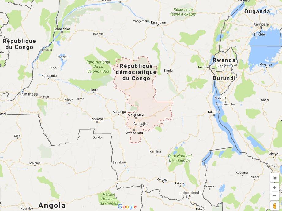 Au contour en rouge, la province du Kasaï-Oriental dans le centre de la République démocratique du Congo. Google Maps.