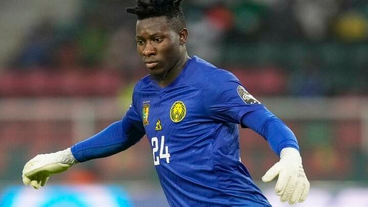 Cameroon’s goalkeeper Andre Onana kicks the ball during the African Cup of Nations 2022 group A soccer match between Cameroon and Ethiopia at the Ahmadou Ahidjo stadium in Yaounde, Cameroon, Thursday, Jan. 13, 2022. (AP Photo/Themba Hadebe)