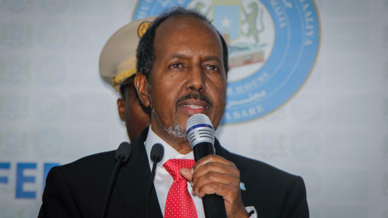 Hassan Sheikh Mohamud speaks after his election win at the Halane military camp in Mogadishu, Somalia, Sunday, May 15, 2022. Former President Mohamud, who was voted out of power in 2017, has been returned to the nation’s top office after defeating the incumbent leader in a protracted contest decided by legislators in a third round of voting late Sunday. (AP Photo/Farah Abdi Warsameh)